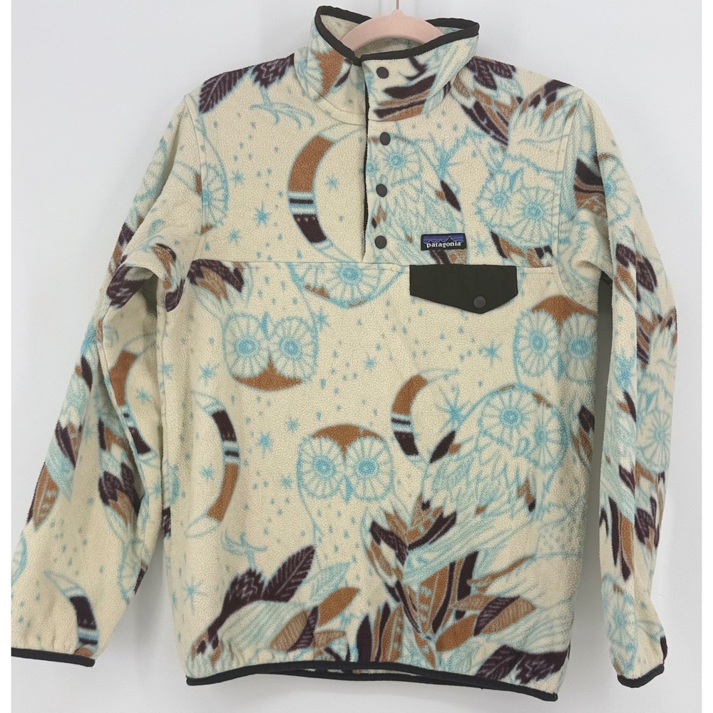 Patagonia Synchilla Snap-T Fleece Pullover Moon Owl Print Cream Blue Brown M